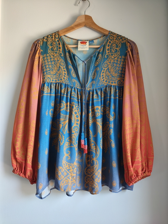Anthropologie Tops - Farm Rio Teal and Coral Paisley Peasant Blouse Size S